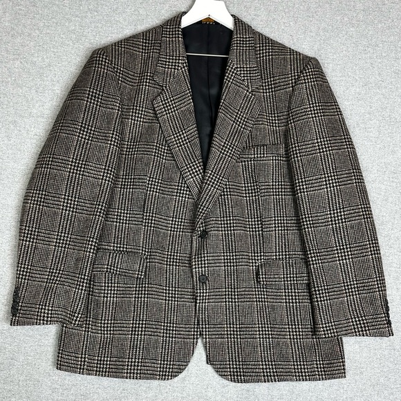 Farah Blazer Mens 44R Gray Black Wool Houndstooth Sport Coat Jacket 2 Button - Picture 1 of 15